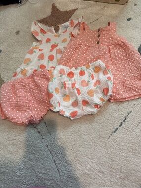 Girls Peach-Print & Coral Pink Polka Romper and Bloomers Set